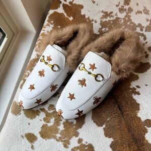 Bee Embroidered Horse Bit Fur Lined Loafers NWOT